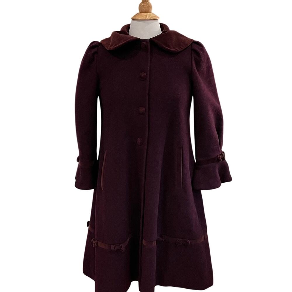 Vintage Rothschild Burgundy Wool Coat, 3/4 Sleeve, Velvet Collar, Retro, 10